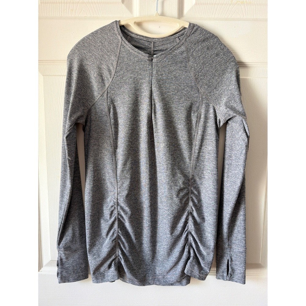 Athleta Long Sleeve Running Top M Grey Ruched Zip Pockets Thumbhole Activewear